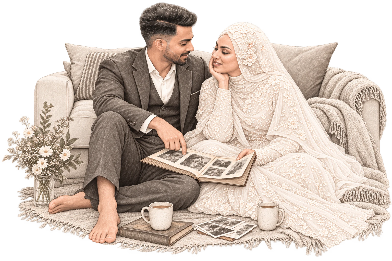 Shefeer and Afna looking through a photo album