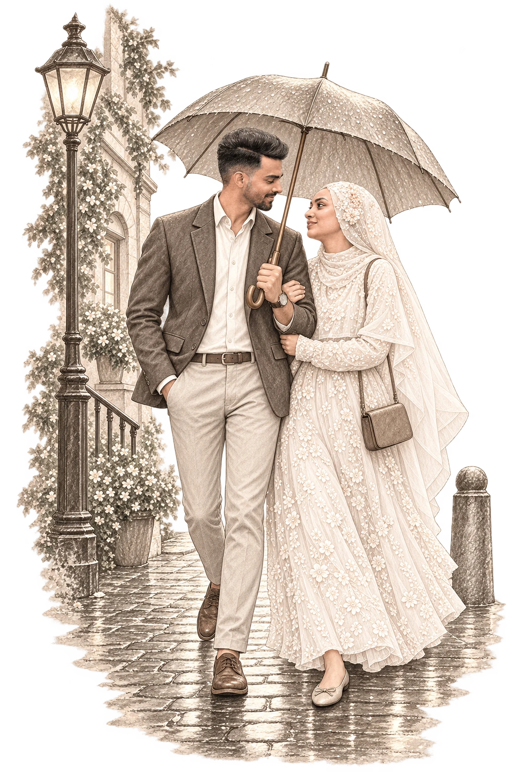 Shefeer and Afna walking under an umbrella